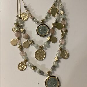 Chicos 3 layer mint/soft pink beads & medallions necklace w drop earrings.